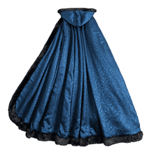 Load image into Gallery viewer, Back of Navy Blue Jacquard Hooded Cloak
