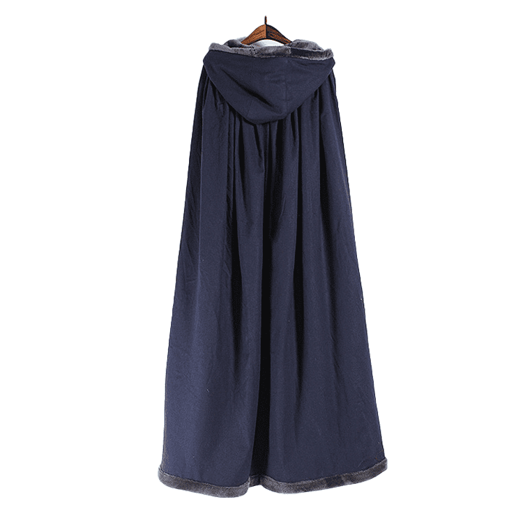 Back of Navy Blue Hooded Cloak with Straps for Winter