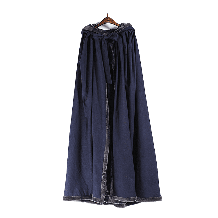 Front of Navy Blue Hooded Cloak with Straps for Winter