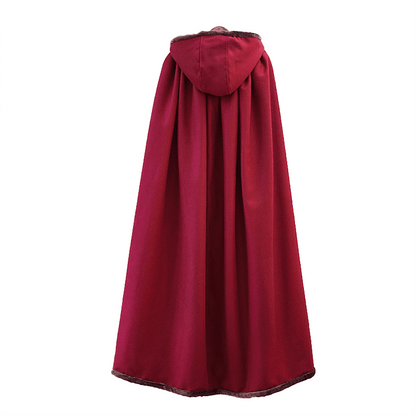 Back of Wine Red Hooded Cloak with Straps for Winter