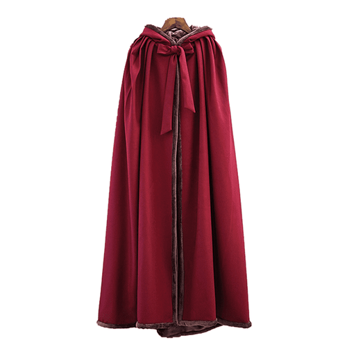 Front of Wine Red Hooded Cloak with Straps for Winter