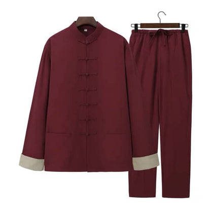 Wine Red 7-Button Tang Suit with Folded Cuffs