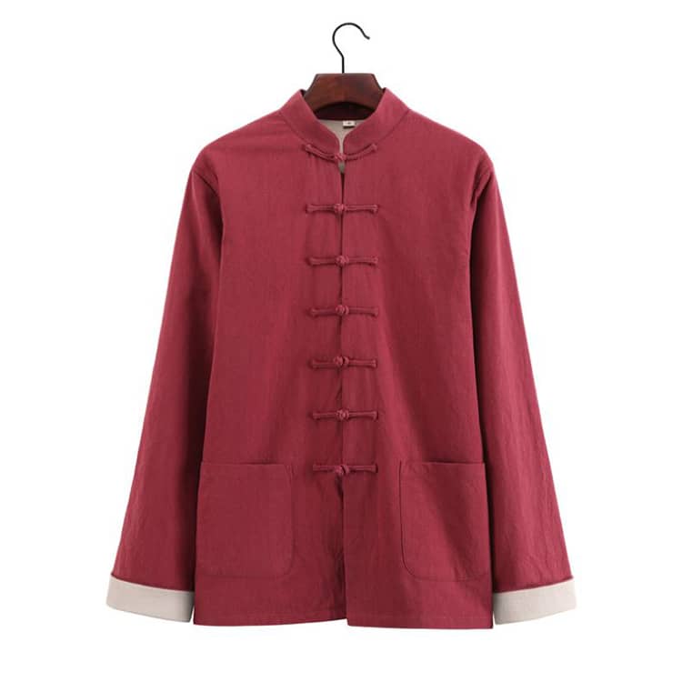 Wine Red Lined Tang Jacket with 7 Buttons