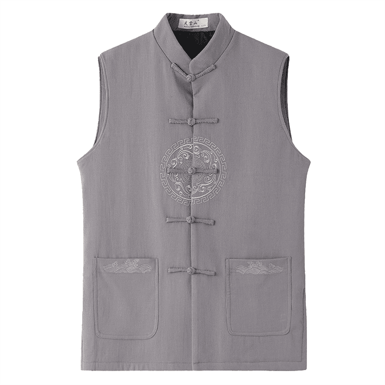 Front of Grey Lined Tang Waistcoat with Embroidery