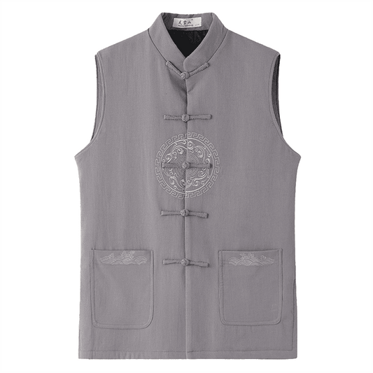 Front of Grey Lined Tang Waistcoat with Embroidery