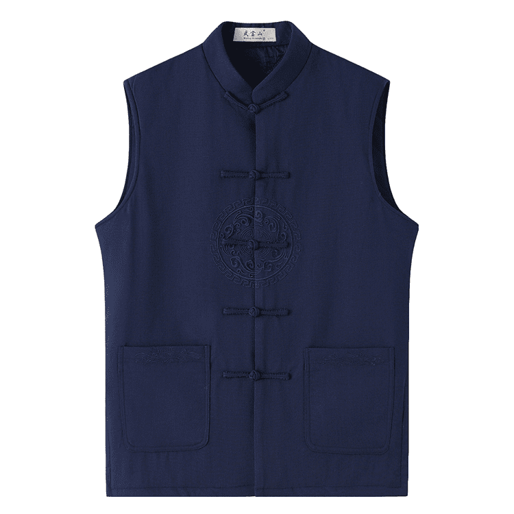 Front of Navy Blue Lined Tang Waistcoat with Embroidery