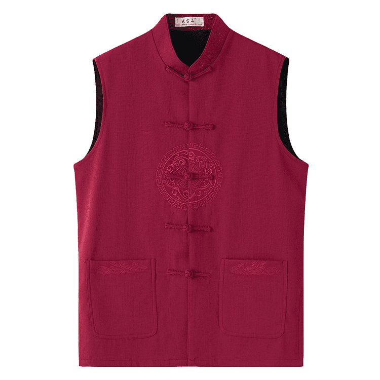 Front of Red Lined Tang Waistcoat with Embroidery