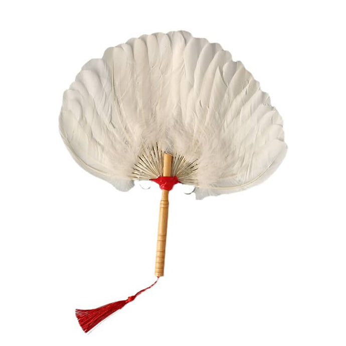 White Rigid Chinese Hand Fan with Wood Feather