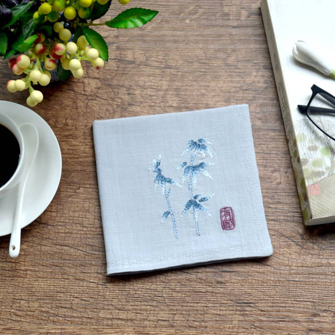 Grey Chinese Handkerchief with the Embroidered Pattern of Bamboo