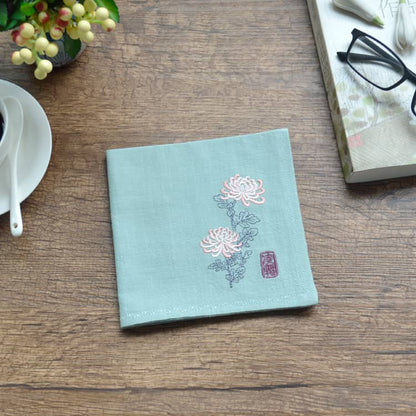 Green Chinese Handkerchief with the Embroidered Pattern of Chrysanthemum