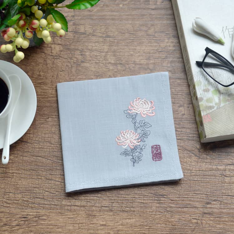 Grey Chinese Handkerchief with the Embroidered Pattern of Chrysanthemum