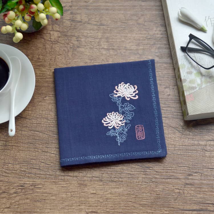 Navy blue Chinese Handkerchief with the Embroidered Pattern of Chrysanthemum