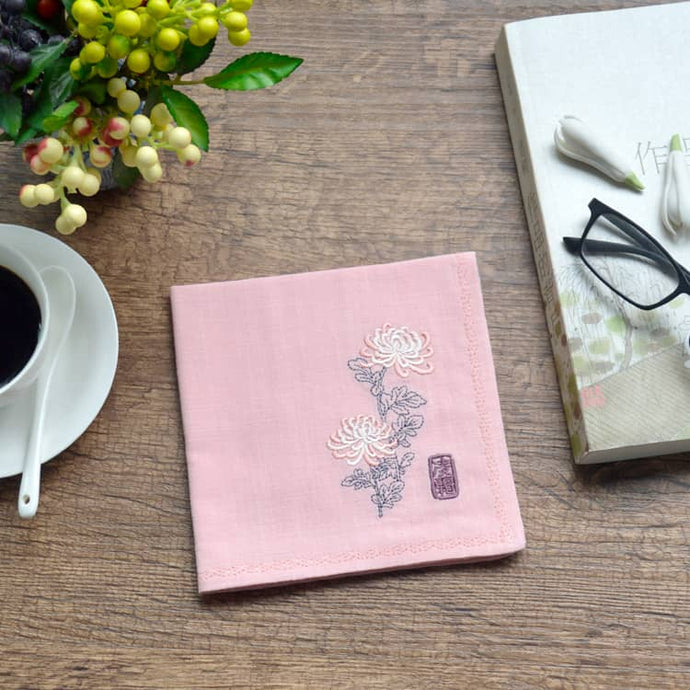 Pink Chinese Handkerchief with the Embroidered Pattern of Chrysanthemum