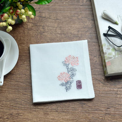 White Chinese Handkerchief with the Embroidered Pattern of Chrysanthemum