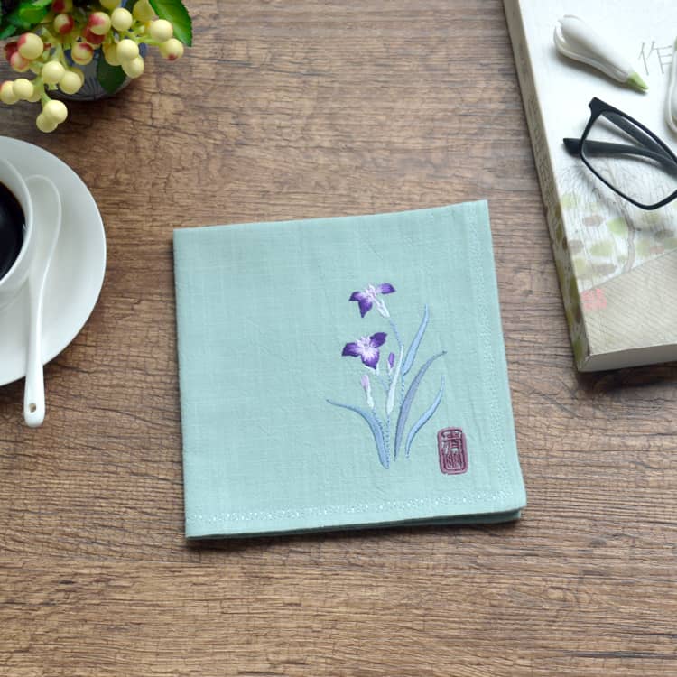 Green Chinese Handkerchief with the Embroidered Pattern of Orchid