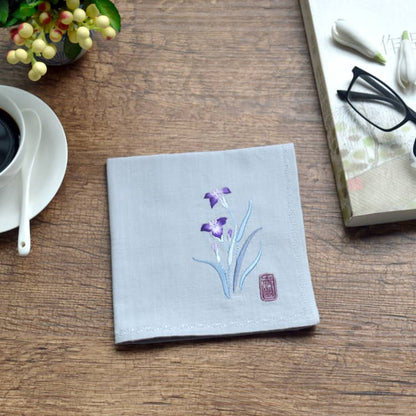 Grey Chinese Handkerchief with the Embroidered Pattern of Orchid