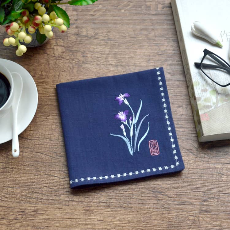 Navy blue Chinese Handkerchief with the Embroidered Pattern of Orchid