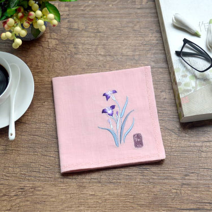 Pink Chinese Handkerchief with the Embroidered Pattern of Orchid