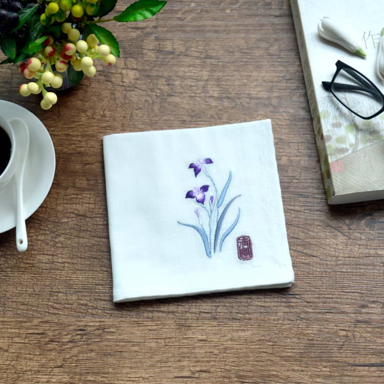 White Chinese Handkerchief with the Embroidered Pattern of Orchid