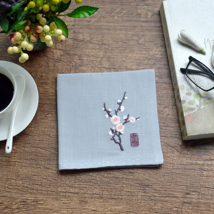 Grey Chinese handkerchief with the pattern of plum blossom