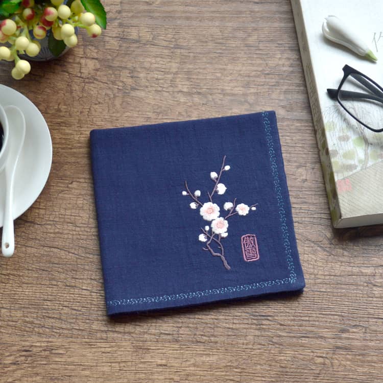 Navy blue Chinese handkerchief with the pattern of plum blossom