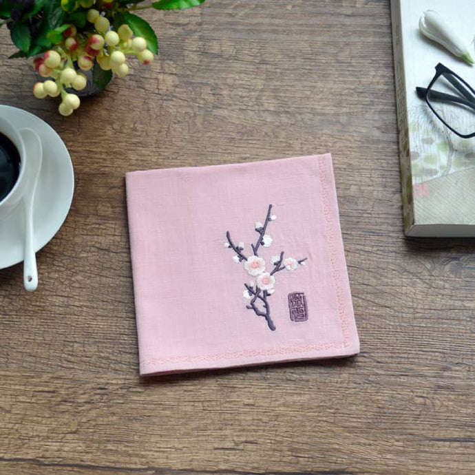 Pink Chinese handkerchief with the pattern of plum blossom