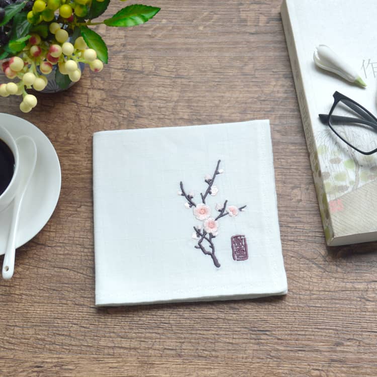 White Chinese handkerchief with the pattern of plum blossom