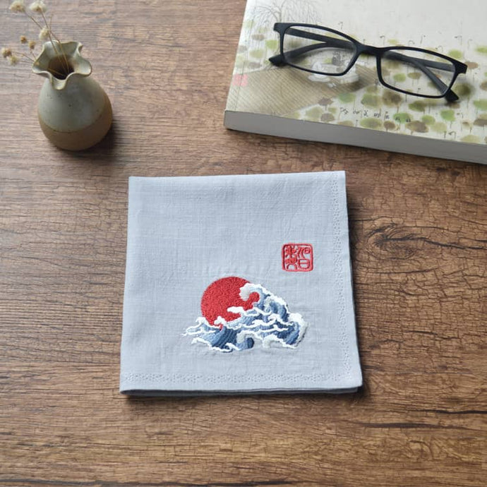 Grey Chinese Handkerchief with the Embroidered Pattern of Sun and Wave
