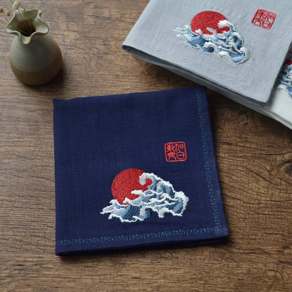 Navy blue Chinese Handkerchief with the Embroidered Pattern of Sun and Wave