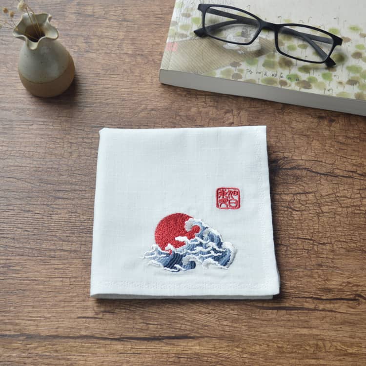 White Chinese Handkerchief with the Embroidered Pattern of Sun and Wave