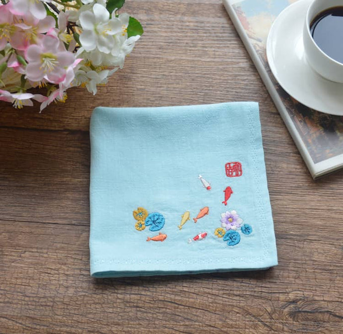 Blue Chinese Handkerchief with the Embroidered Pattern of Koi