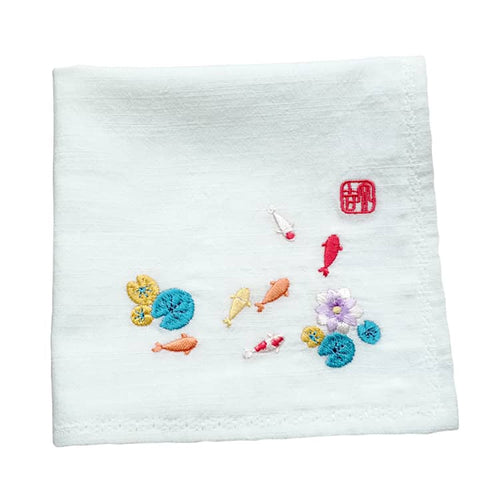 White Chinese Handkerchief with the Embroidered Pattern of Koi