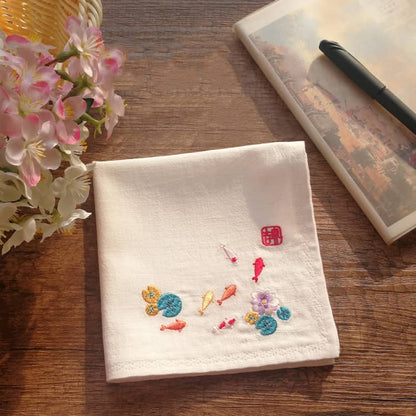 White Chinese Handkerchief with the Embroidered Pattern of Koi