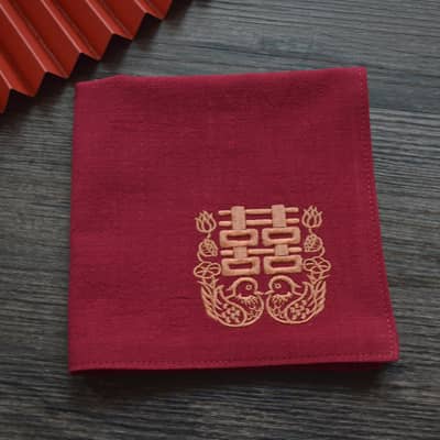 Gold Chinese Handkerchief with the Embroidered Pattern of Mandarin Duck