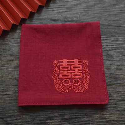 Red Chinese Handkerchief with the Embroidered Pattern of Mandarin Duck