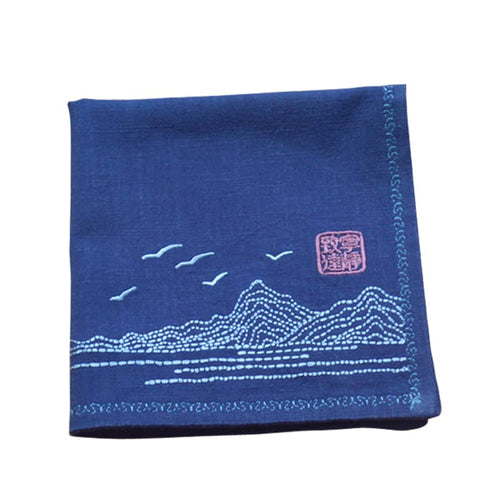 Blue Customizable Chinese Handkerchief with the Pattern of mountian and river and wild gooses