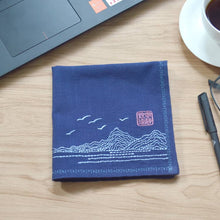 Load image into Gallery viewer, Blue Customizable Chinese Handkerchief with the Pattern of mountian and river and wild gooses
