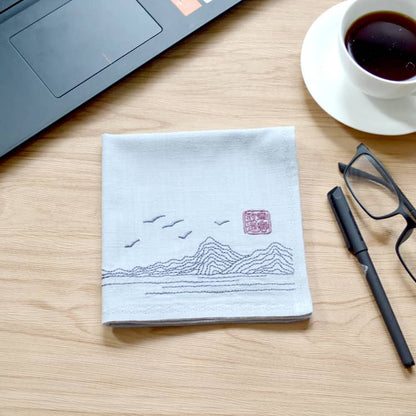 White Customizable Chinese Handkerchief with the Pattern of mountian and river and wild gooses