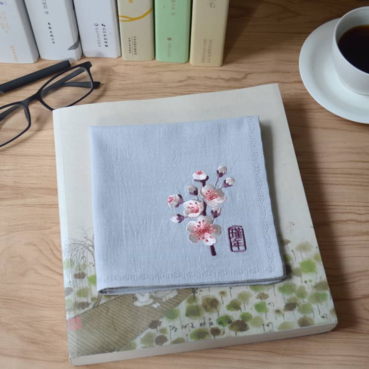 Grey Chinese Handkerchief with the Embroidered Pattern of Peach Blossom