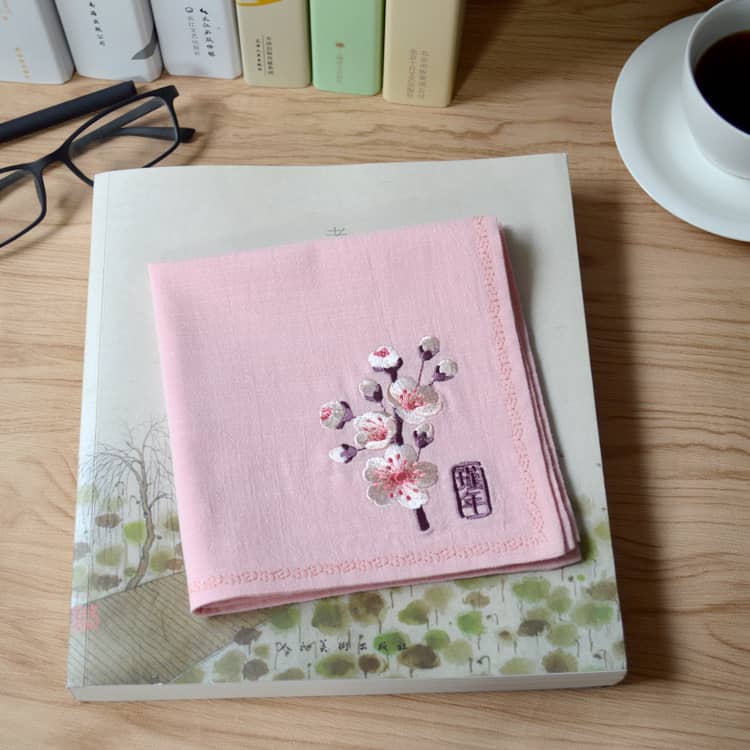 Pink Chinese Handkerchief with the Embroidered Pattern of Peach Blossom