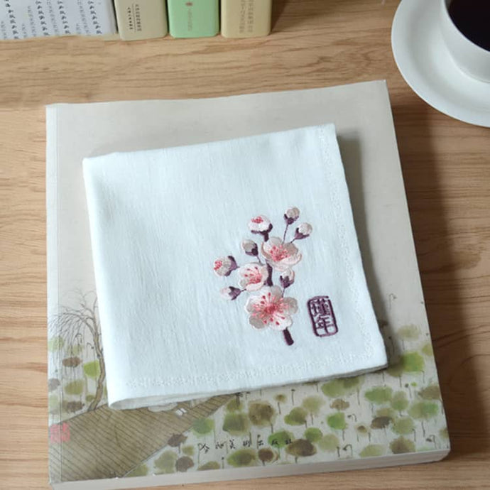 White Chinese Handkerchief with the Embroidered Pattern of Peach Blossom