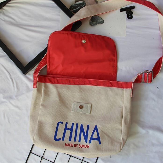 Red Chinese Retro Style Canvas Messenger Bag Crossbody Shoulder Bag for Students with Chinese Character