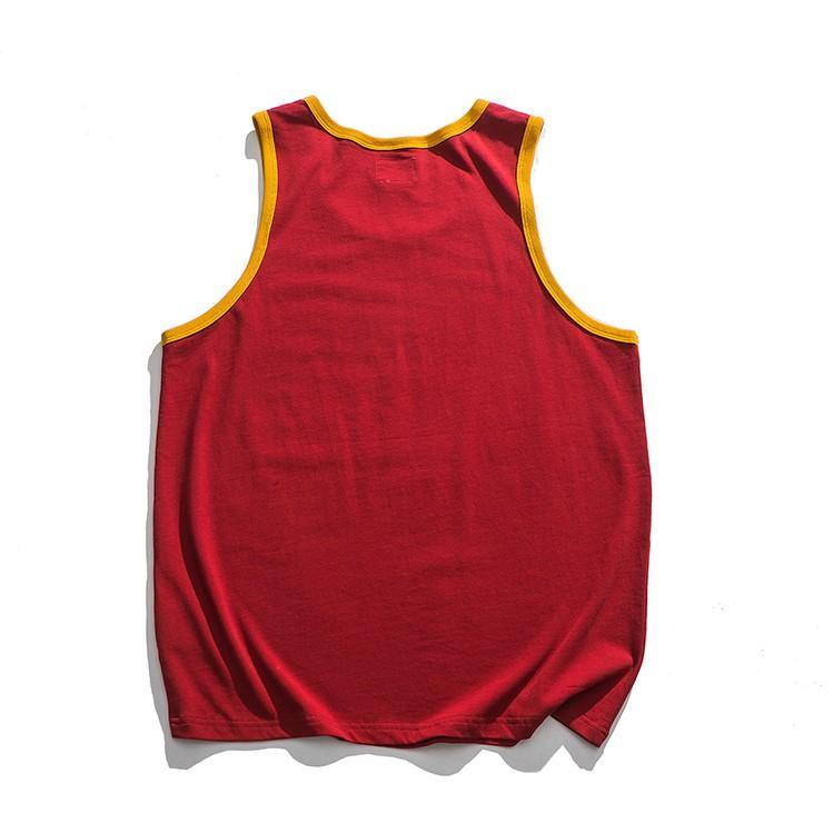 Back of Red Chinese Retro Style Vest 1980s Nostalgic Sporting Printing Sleeveless Cotton T-Shirt for Men