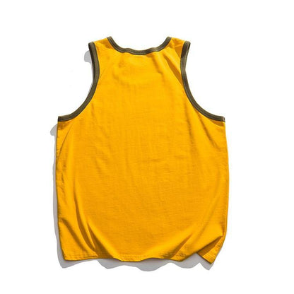 Back of Yellow Chinese Retro Style Vest 1980s Nostalgic Sporting Printing Sleeveless Cotton T-Shirt for Men