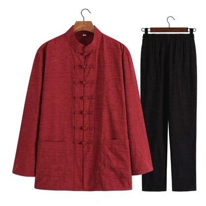 Textured Two-Piece Tang Suit with Red Jacket and Black Pants