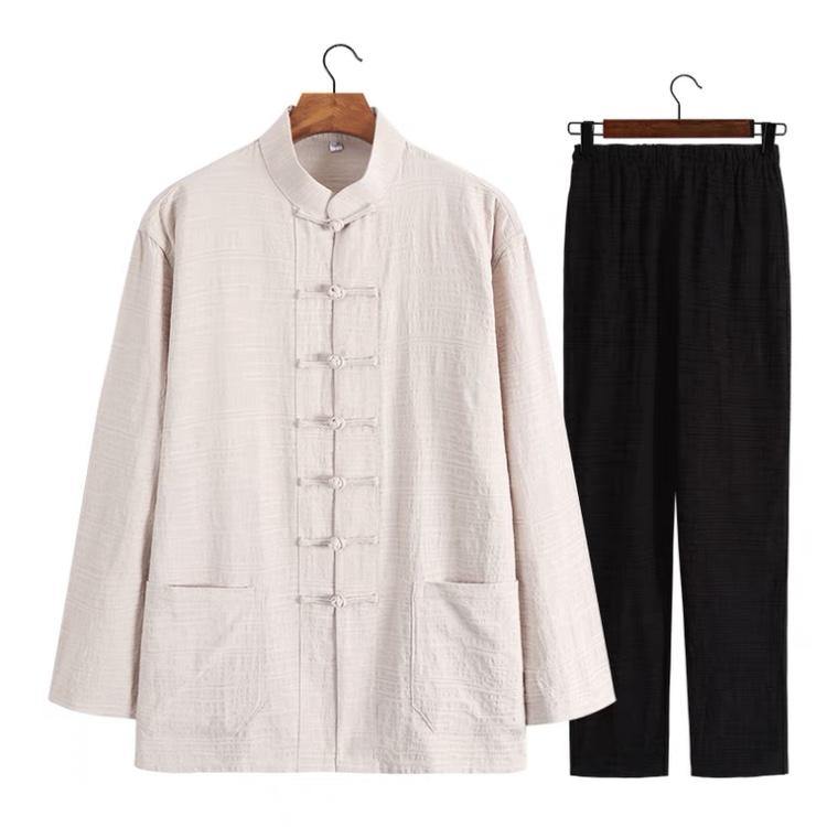 Textured Two-Piece Tang Suit with Beige Jacket and Black Pants