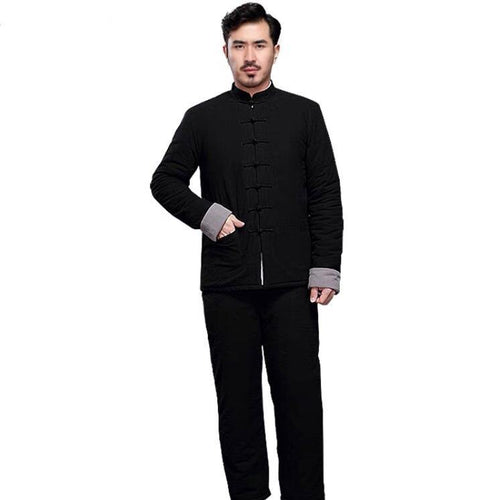 Black Chinese Traditional Basic Two-Piece Tang Suits Thicken Pure Color Cotton and Linen Coats&Pants in Winter