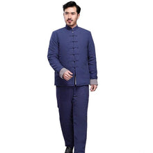 Load image into Gallery viewer, Navy Blue Chinese Traditional Basic Two-Piece Tang Suits Thicken Pure Color Cotton and Linen Coats&amp;Pants in Winter
