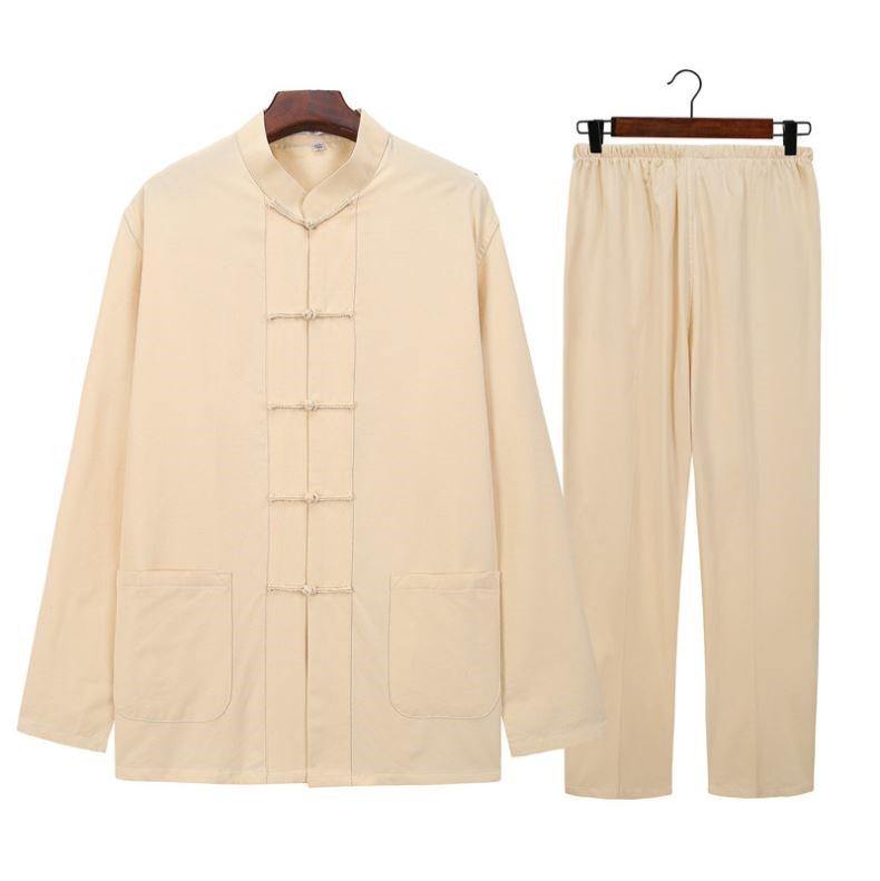 front pure cotton two-piece Tang suit with beige jacket and beige pants