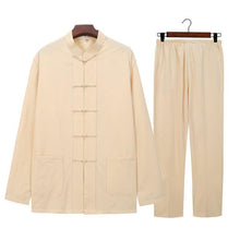 Load image into Gallery viewer, front pure cotton two-piece Tang suit with beige jacket and beige pants

